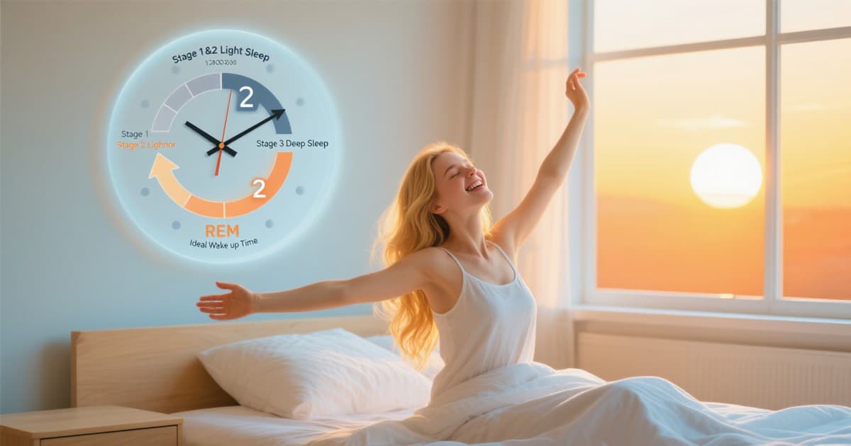 A person waking up feeling refreshed and energized in a sunlit room, with a sleep cycle calculator app visible on their phone, symbolizing the benefits of optimized sleep.